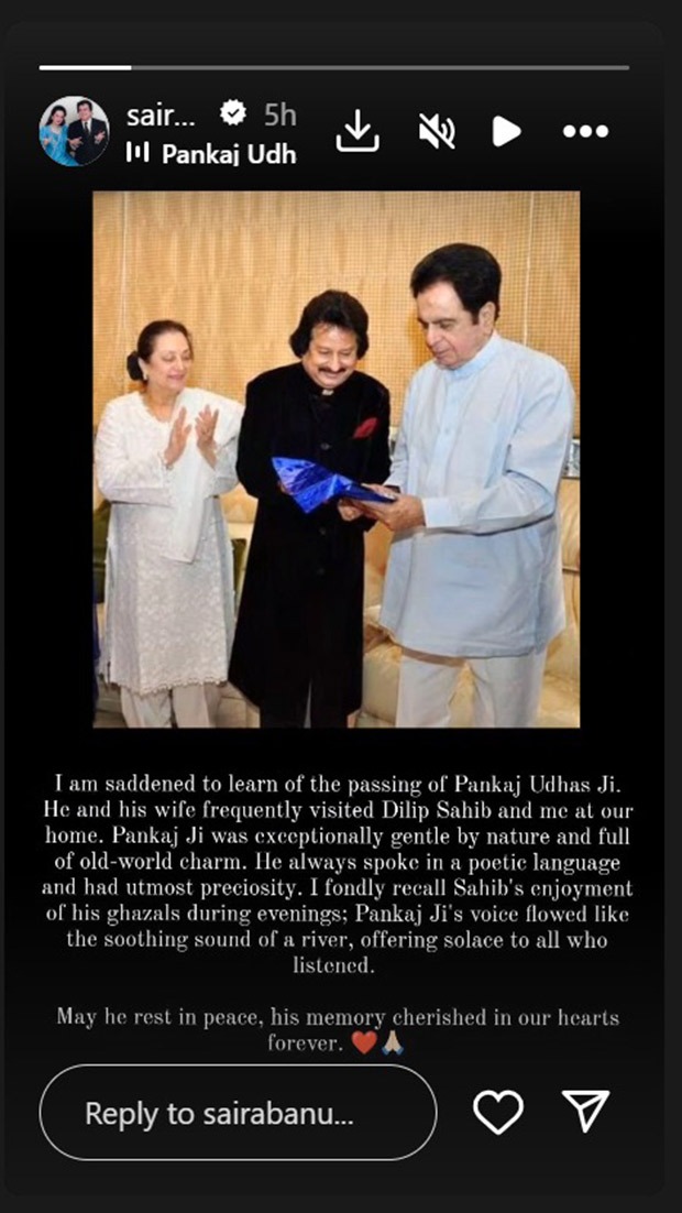 Saira Banu Pays Heartfelt Tribute To The Late Singing Maestro Pankaj