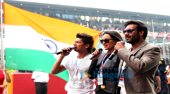 ajay sonakshi shaan sing national anthem at formula one indian grand prix 3