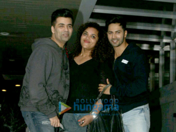 Varun Dhawan, Alia Bhatt and Karan Johar snapped post dinner at Hakassan