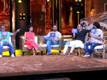 Aamir Khan and the 'Dangal' girls Fatima Sana Sheikh and Sanya Malhotra snapped on the sets of Sa Re Ga Ma