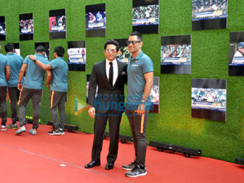 Anushka Sharma and cricketer Virat Kohli pose with Sachin Tendulkar at the premiere of Sachin A Billion Dreams