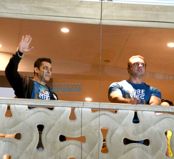 salman khan and sohail khan wave at fans from house as they promote trailer launch of tubelight 2