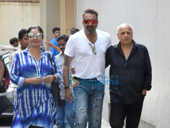 Sanjay Dutt, Mahesh Bhatt and Pooja Bhatt snapped post meeting at Vishesh Films' office