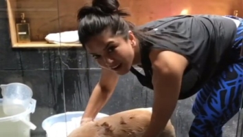 CUTE! Sunny Leone bathes her pet dog Bella