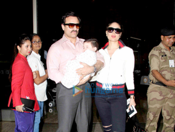 Saif Ali Khan and Kareena Kapoor Khan pose with Taimur as they depart for Switzerland