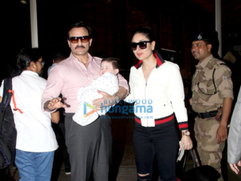 Saif Ali Khan and Kareena Kapoor Khan pose with Taimur as they depart for Switzerland