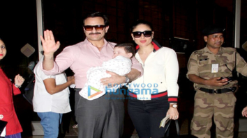 Saif Ali Khan and Kareena Kapoor Khan pose with Taimur as they depart for Switzerland