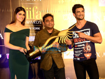 Sushant Singh Rajput, Kriti Sanon and A.R. Rahman at IIFA Awards media meet in Delhi