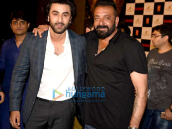 Sanjay Dutt, Ranbir Kapoor, Rajkumar Hirani at the trailer launch of 'Bhoomi'