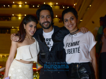 Varun Dhawan, Jacqueline Fernandez and Taapsee Pannu snapped at Le Merridean Hotel in Delhi