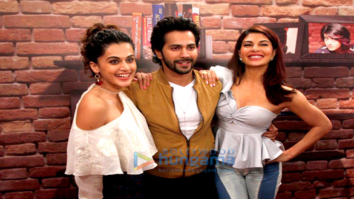 Varun Dhawan, Jacqueline Fernandez and Taapsee Pannu snapped promoting ‘Judwaa 2’ at Mehboob Studio