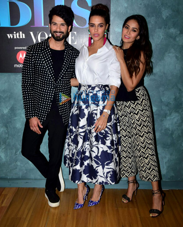 Shahid Kapoor, Neha Dhupia and Mira Rajput on the sets of Vogue BFFs
