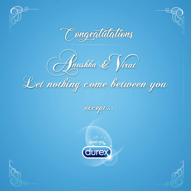 Virat Kohli - Anushka Sharma wedding Condom brand Durex tweets a funny congratulatory message