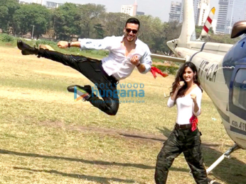 Tiger Shroff and Disha Patani arrive in a helicopter for the trailer launch of 'Baaghi 2'
