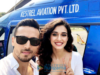 Tiger Shroff and Disha Patani arrive in a helicopter for the trailer launch of 'Baaghi 2'