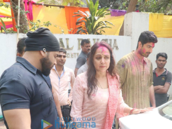 Hema Malini snapped after a holi party at daughter Esha Deol's residence