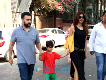 Raj Kundra and Shilpa Shetty with her family spotted at son Vivaan's school in Juhu