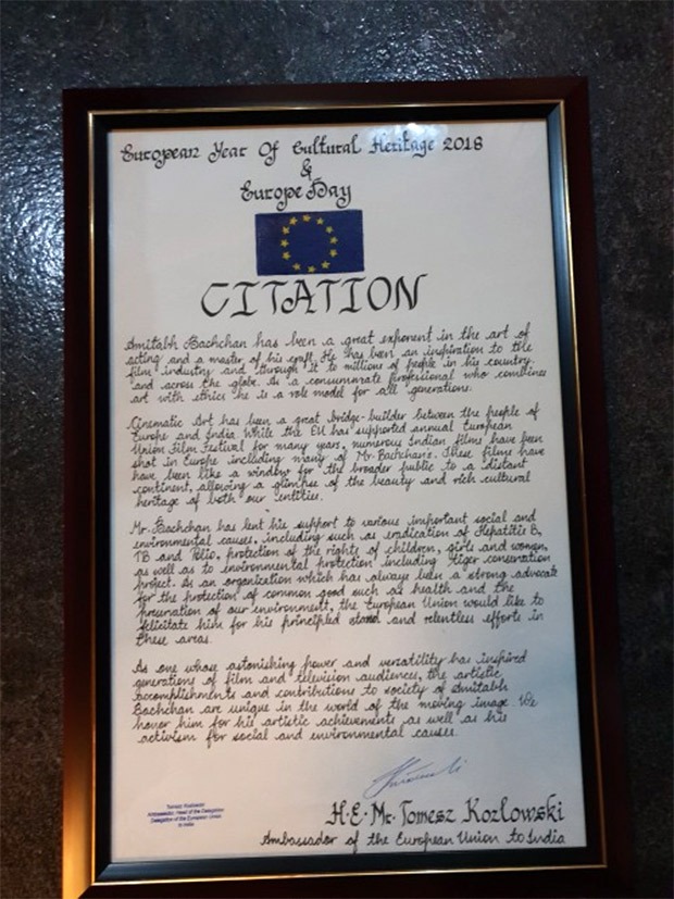Amitabh Bachchan felicitated with citation by the European Union 