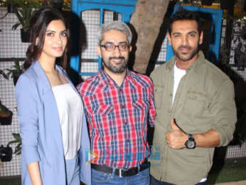 Diana Penty, John Abraham and Abhishek Sharma snapped doing media interactions for their film Parmanu at Bombay Adda