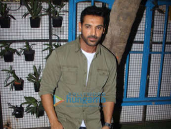 Diana Penty, John Abraham and Abhishek Sharma snapped doing media interactions for their film Parmanu at Bombay Adda