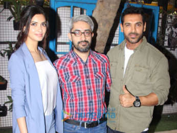 Diana Penty, John Abraham and Abhishek Sharma snapped doing media interactions for their film Parmanu at Bombay Adda