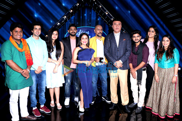 anu malik vishal dadlani and neha kakkar snapped along with the contestants on the sets of indian idol 2