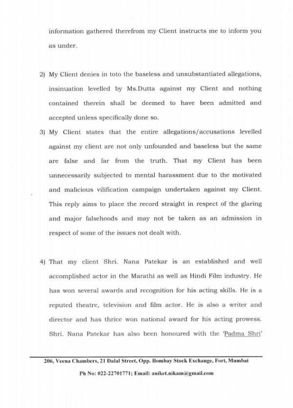 Me Too Nana Patekar accuses Tanushree Dutta of mental harassment as he