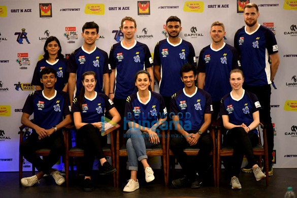 taapsee pannu snapped at the unveiling of the new jersey of her badminton team pune7aces 5