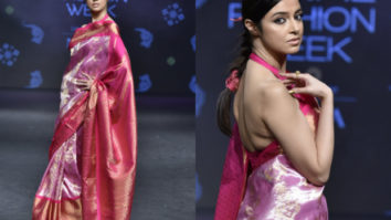 LFW Summer/Resort 2019:  Divya Khosla Kumar stuns in a pink silk saree as showstopper for Parvathi Dasari
