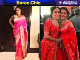 Uh, nothing much! Kajol Devgan’s pretty pink saree is just for INR 47,650/- from Soundarya Rajinikanth’s wedding!