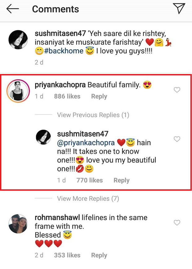 Priyanka Chopra and Sushmita Sen showcase their love for each other on Instagram 