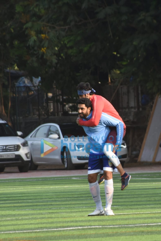 Abhishek Bachchan gives Ranbir Kapoor a piggyback ride during football match (See photos)
