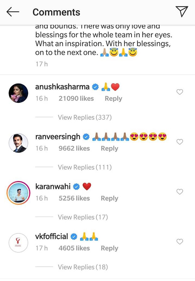 Here’s how Anushka Sharma reacted to these photos of Virat Kohli humbly greeting the 87 year old Charulataji who attended the World Cup! 