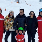 Saif Ali Khan, Kareena Kapoor Khan, Karisma Kapoor pose as they go sledding in Switzerland!
