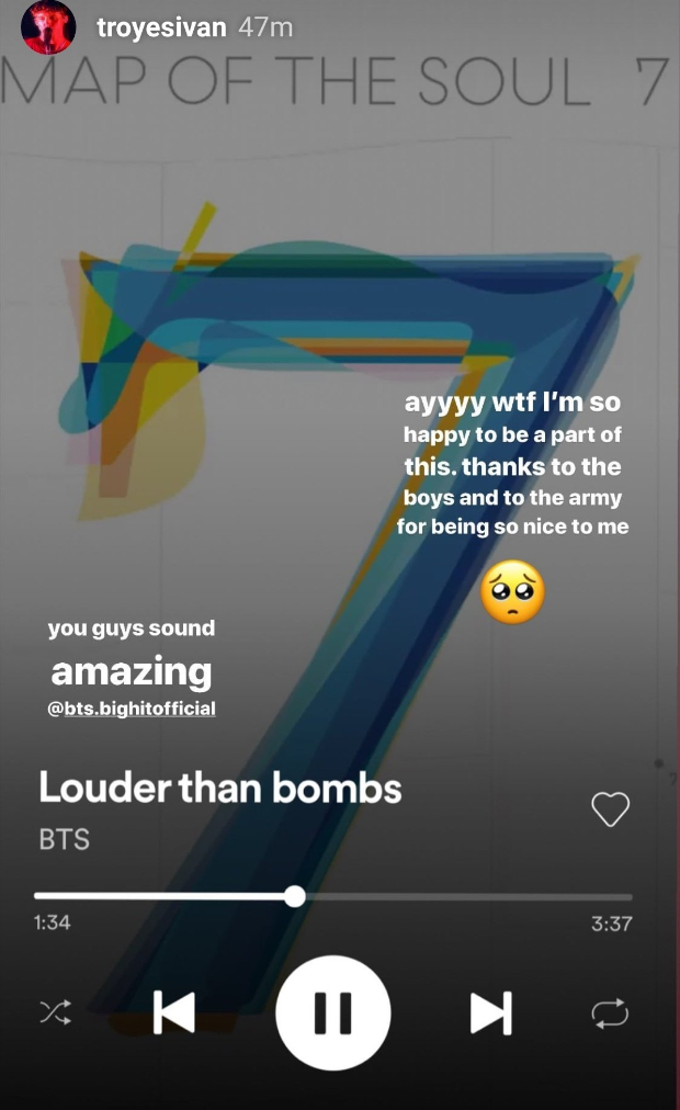 Troye Sivan is delighted to be a part of BTS' album Map Of The Soul: 7 with 'Louder Than Bombs' track Troye Sivan is delighted to be a part of BTS' album Map Of The Soul: 7 with 'Louder Than Bombs' track
