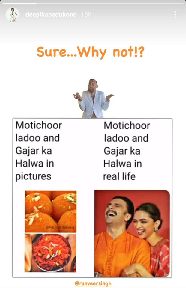 Deepika Padukone reacts to a meme calling her and Ranveer Singh's Diwali look as 'motichoor ladoo' & 'gajar ka halwa'