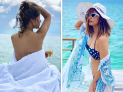 Hina Khan shares pictures of her posing in a blanket and a bikini in Maldives