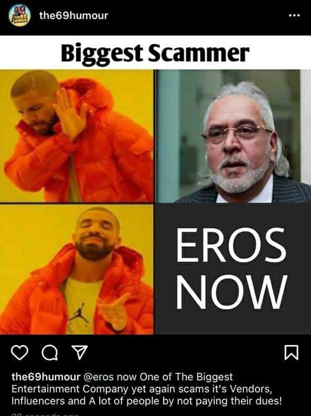 After Eros Now defaults on payments, disgruntled vendor resorts to memes; compares the company to Vijay Mallya