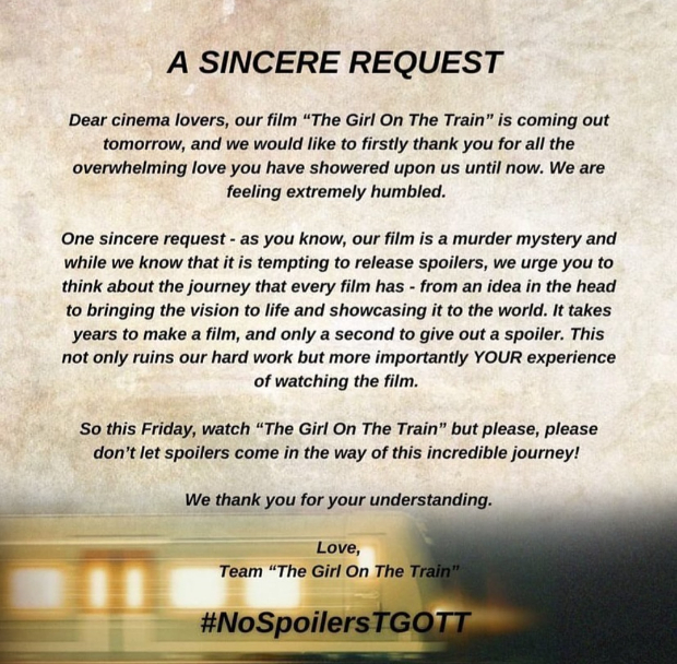 Parineeti Chopra urges cinema lovers to not leak any spoilers of murder mystery The Girl On The Train Parineeti Chopra urges cinema lovers to not leak any spoilers of murder mystery The Girl On The Train