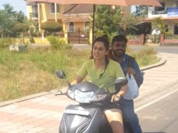 Taapsee Pannu rides a scooty from the shoot location of Looop Lapeta to her vanity van in Goa Taapsee Pannu rides a scooty from the shoot location of Looop Lapeta to her vanity van in Goa