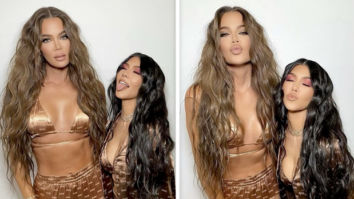 Khloé Kardashian and Kourtney Kardashian pose in Kim Kardashian’s new Skims jacquard bralette and pajamas