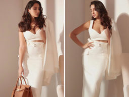 Nora Fatehi is every bit of stylish in white chic tube top with pencil skirt and jacket
