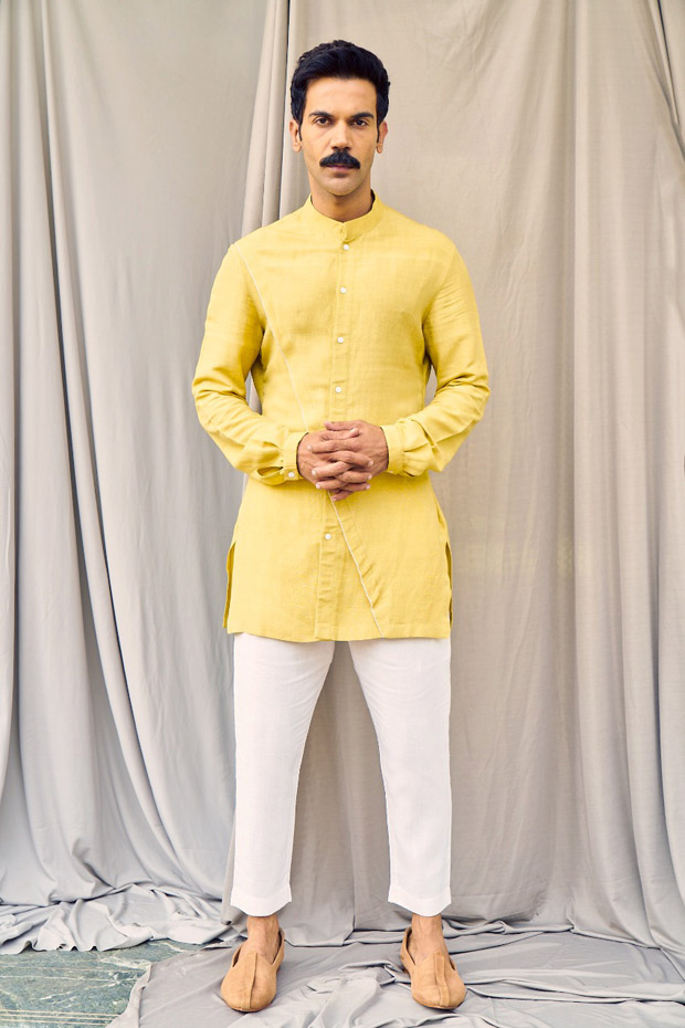 Rajkummar Rao's yellow panel shirt and white pants worth Rs. 9900 are perfect for haldi ceremony