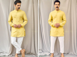 Rajkummar Rao’s yellow panel shirt and white pants worth Rs. 9900 are perfect for haldi ceremony