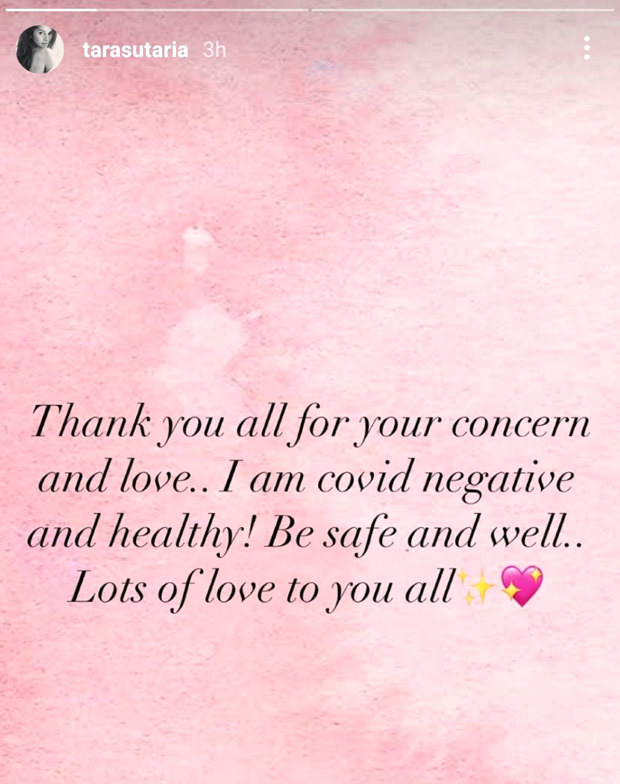 Tara Sutaria confirms she has tested negative for COVID-19 Tara Sutaria confirms she has tested negative for COVID-19