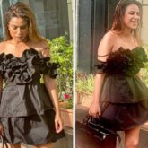 Nia Sharma sizzles in off-shoulder mini ruffle dress and pairs it with black pumps and handbag (1)