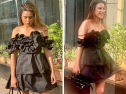 Nia Sharma sizzles in off-shoulder mini ruffle dress and pairs it with black pumps and handbag