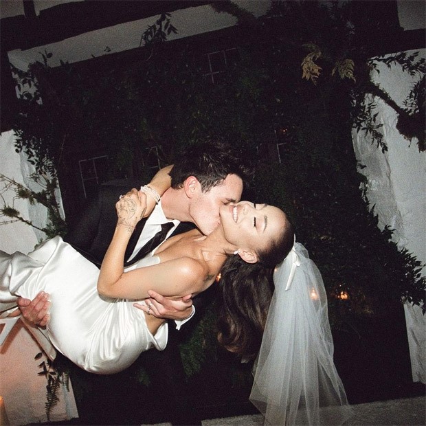 Ariana Grande stuns as a beautiful bride in Audrey Hepburn inspired Vera Wang backless gown during intimite wedding with Dalton Gomez