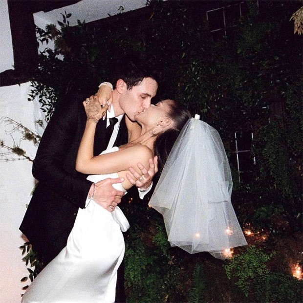 Ariana Grande stuns as a beautiful bride in Audrey Hepburn inspired Vera Wang backless gown during intimite wedding with Dalton Gomez