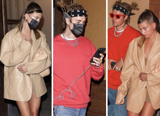 Hailey Bieber dons leather jacket and Bottega Veneta Intrecciato pouch